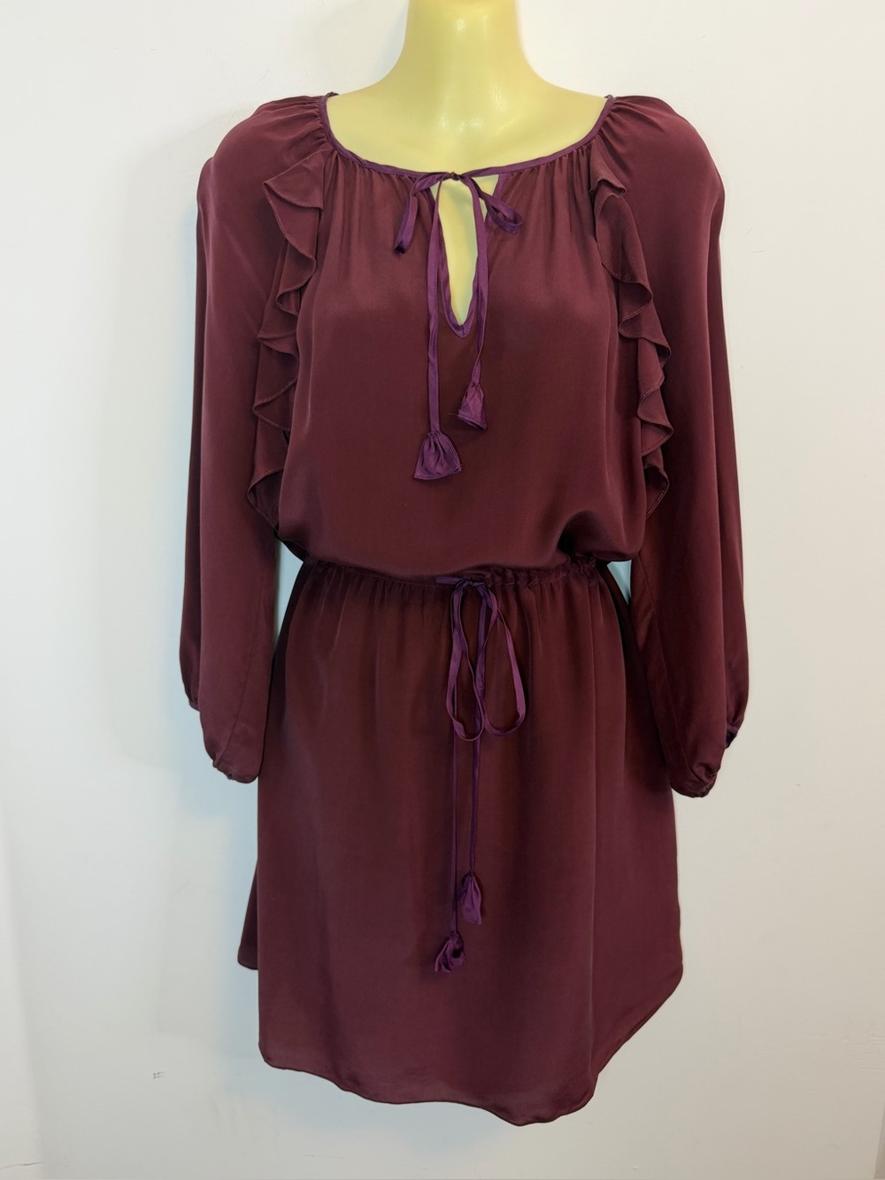 Rebecca Taylor Burgundy Ruffle Tie-Waist Long Sleeve Silk Dress